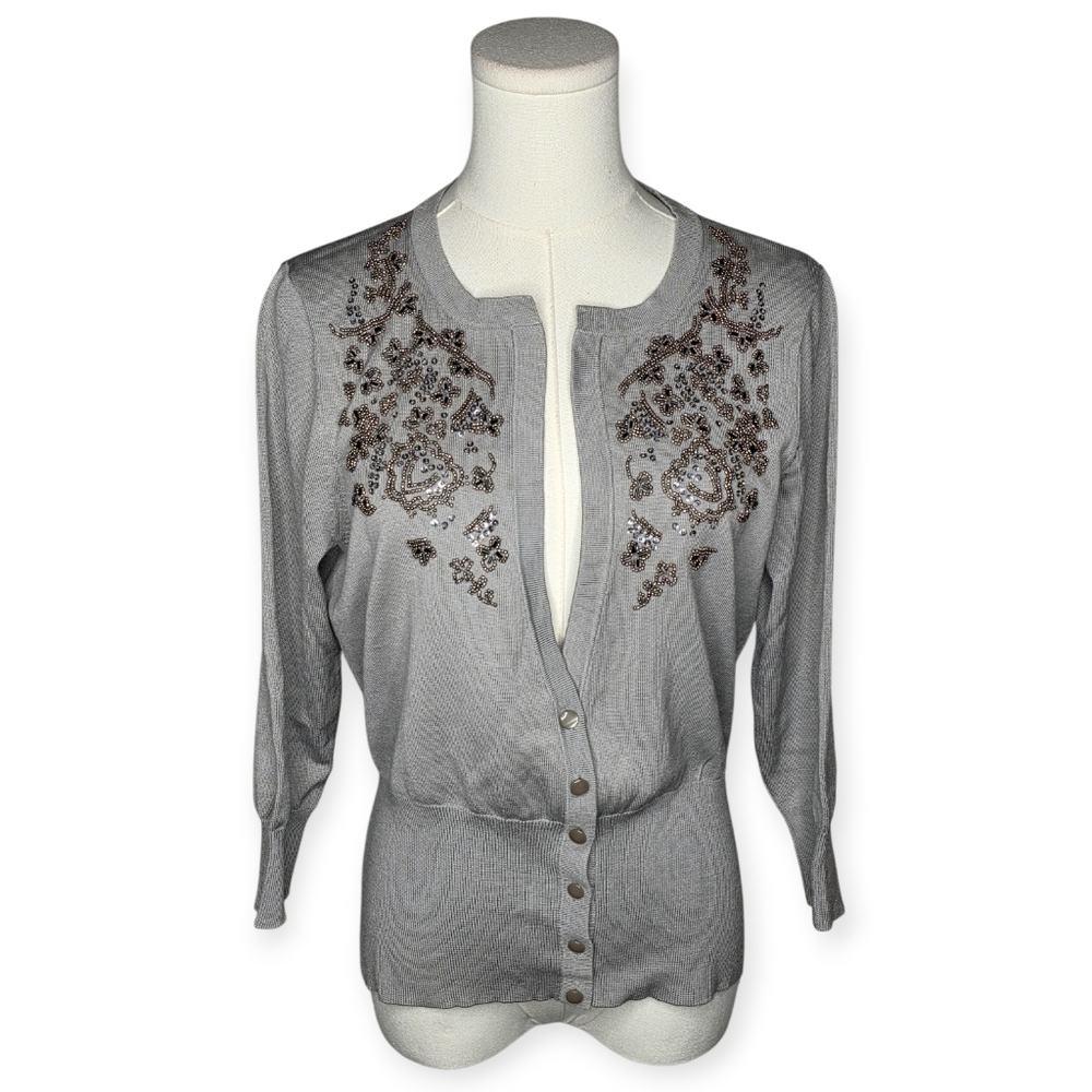 Talbots Silk Blend Beaded Embroidered Gray Cardigan Sweater Small
